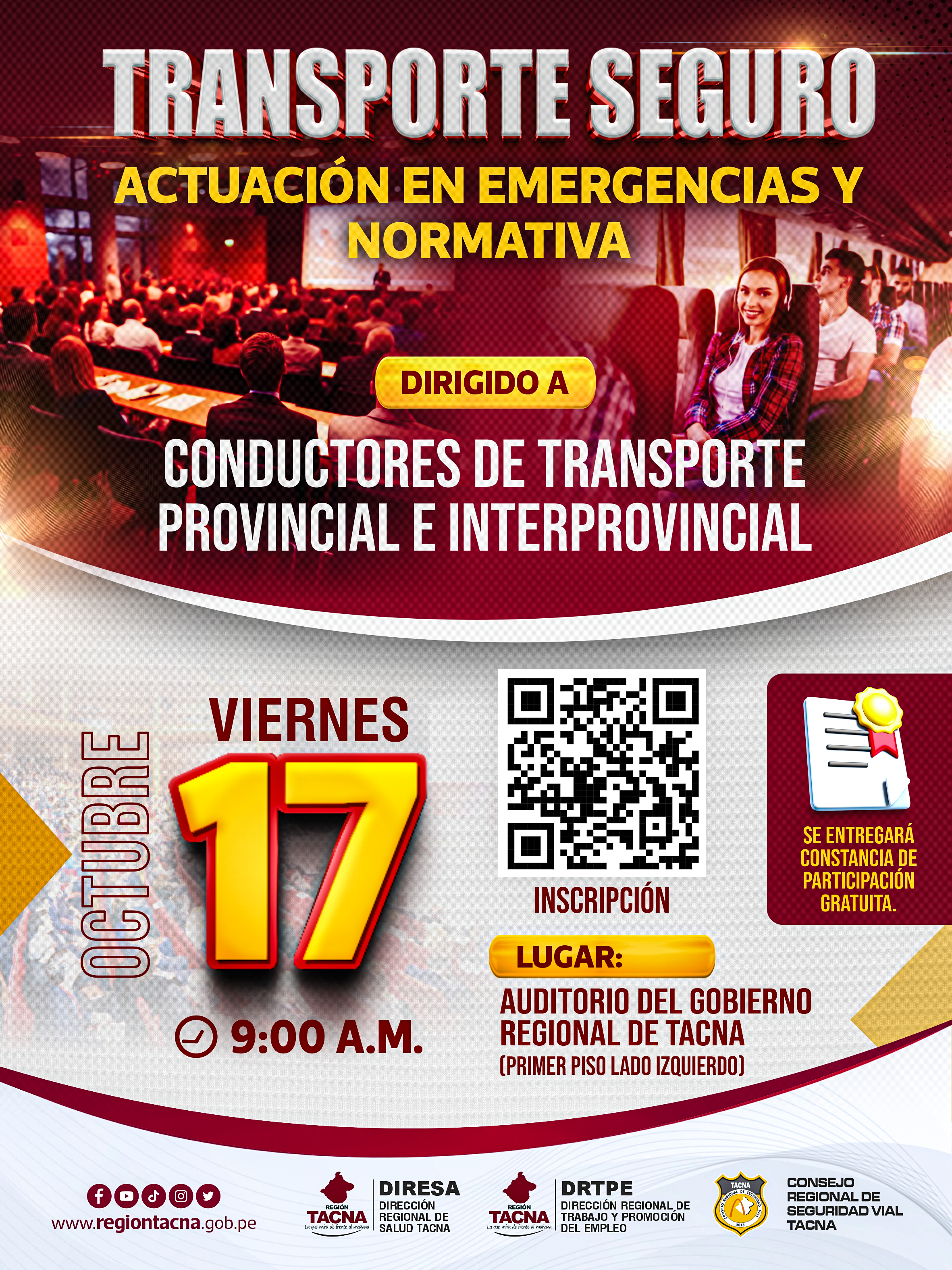 ¡ATENCIÓN TRANSPORTISTAS DE TACNA!

La Dirección Regional de Transportes y Comunicaciones de Tacna a través del Consejo Regional de Seguridad Vial (CORESEVI), realizará la capacitación "Transporte S